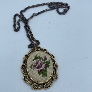 VTG petit point needlepoint mirrored pendant goldtone ornate frame necklace